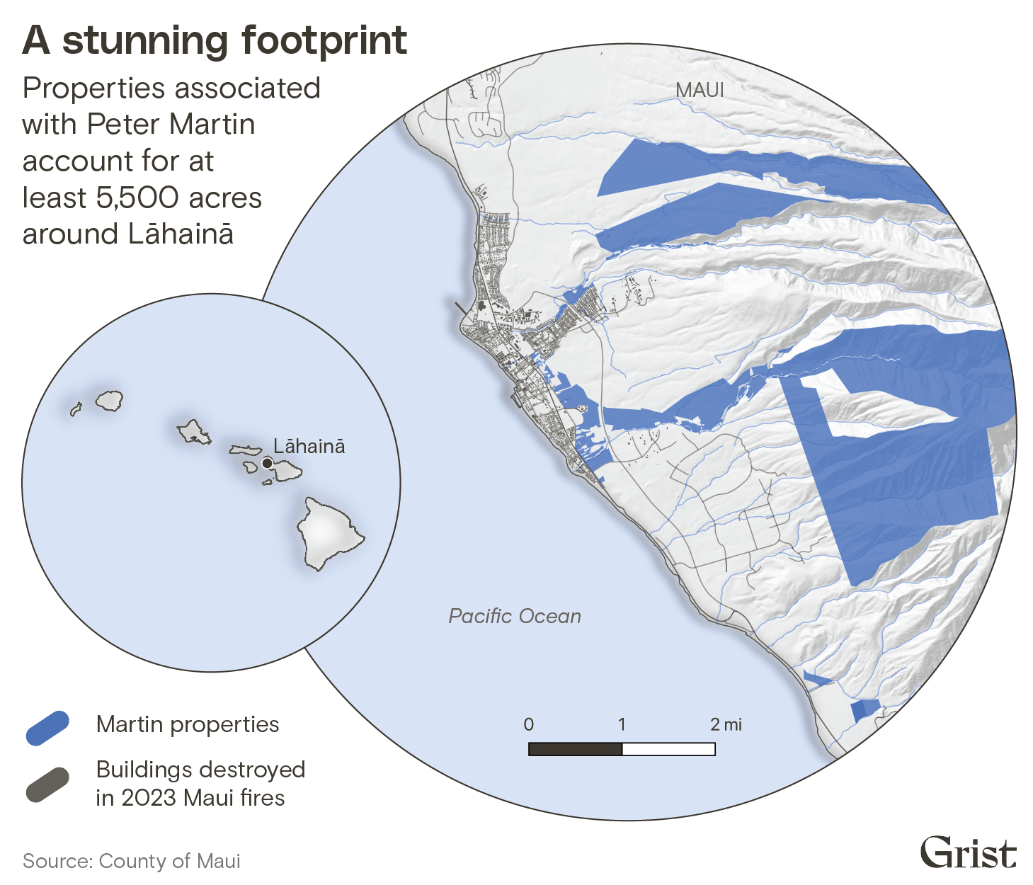 A map showing the area surrounding Lāhainā in Maui. Properties associated with Peter Martin account for at least 5,500 acres around the town.