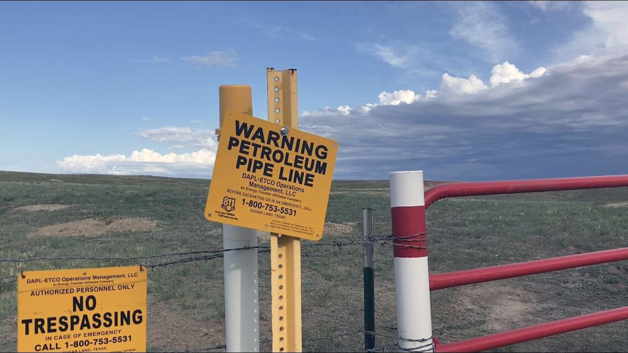 A sign marks the Dakota Access Pipeline are posted north of Cannonball, North Dakota, and the Standing Rock Reservation